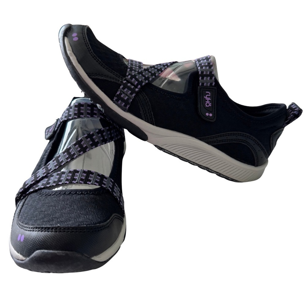 New Ryka Mary Jane Walking Shoes, Size 8, Black Purple Criss Cross Straps - Picture 5 of 11